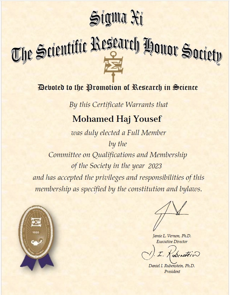 Sigma Xi certificate recording Mohamed Haj Yousef’s election as a Full Member in 2023
